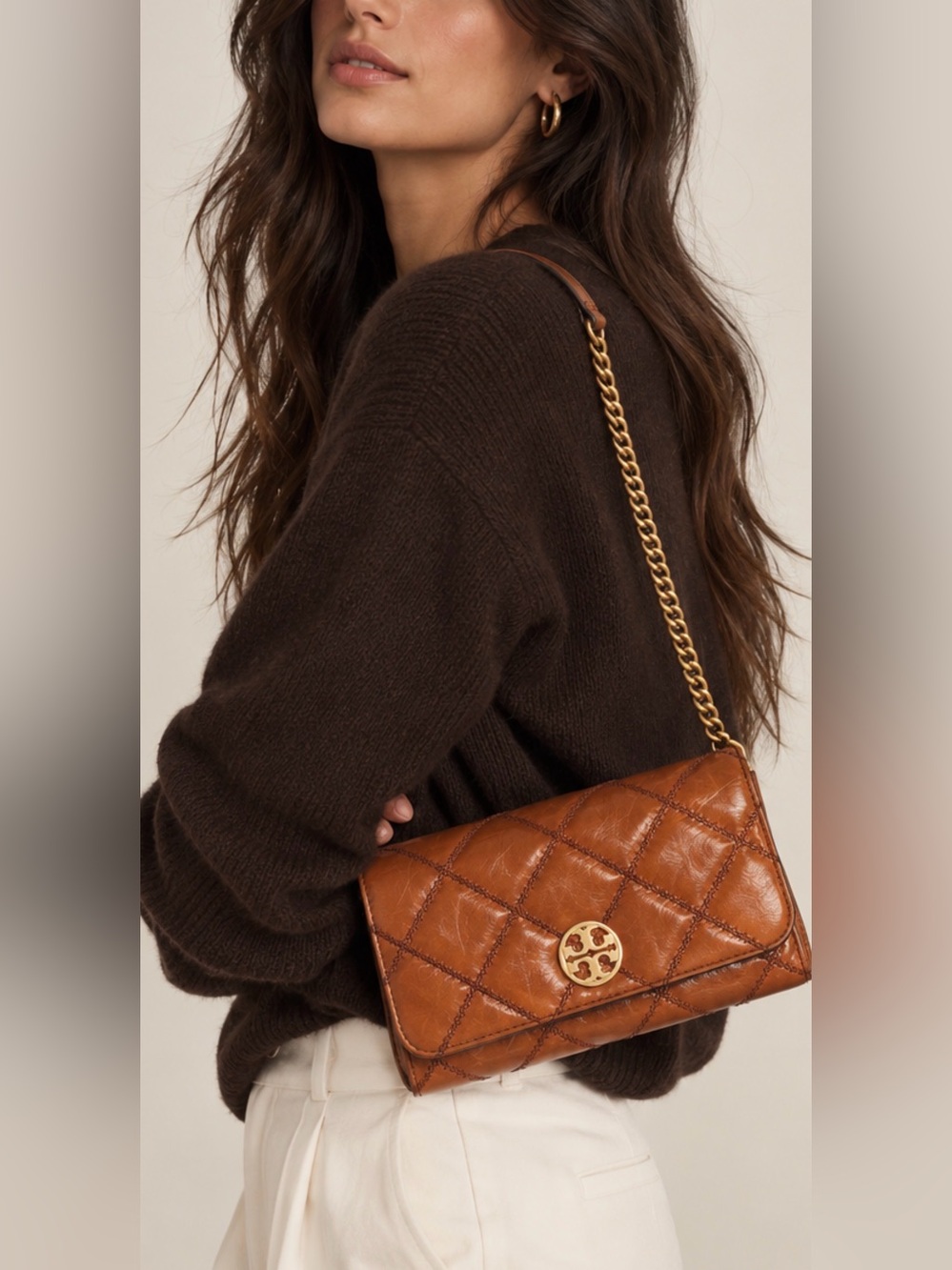 New new w/o tags Tory beautifulQuilted Cognac Leather Crossbody Bag with Chain